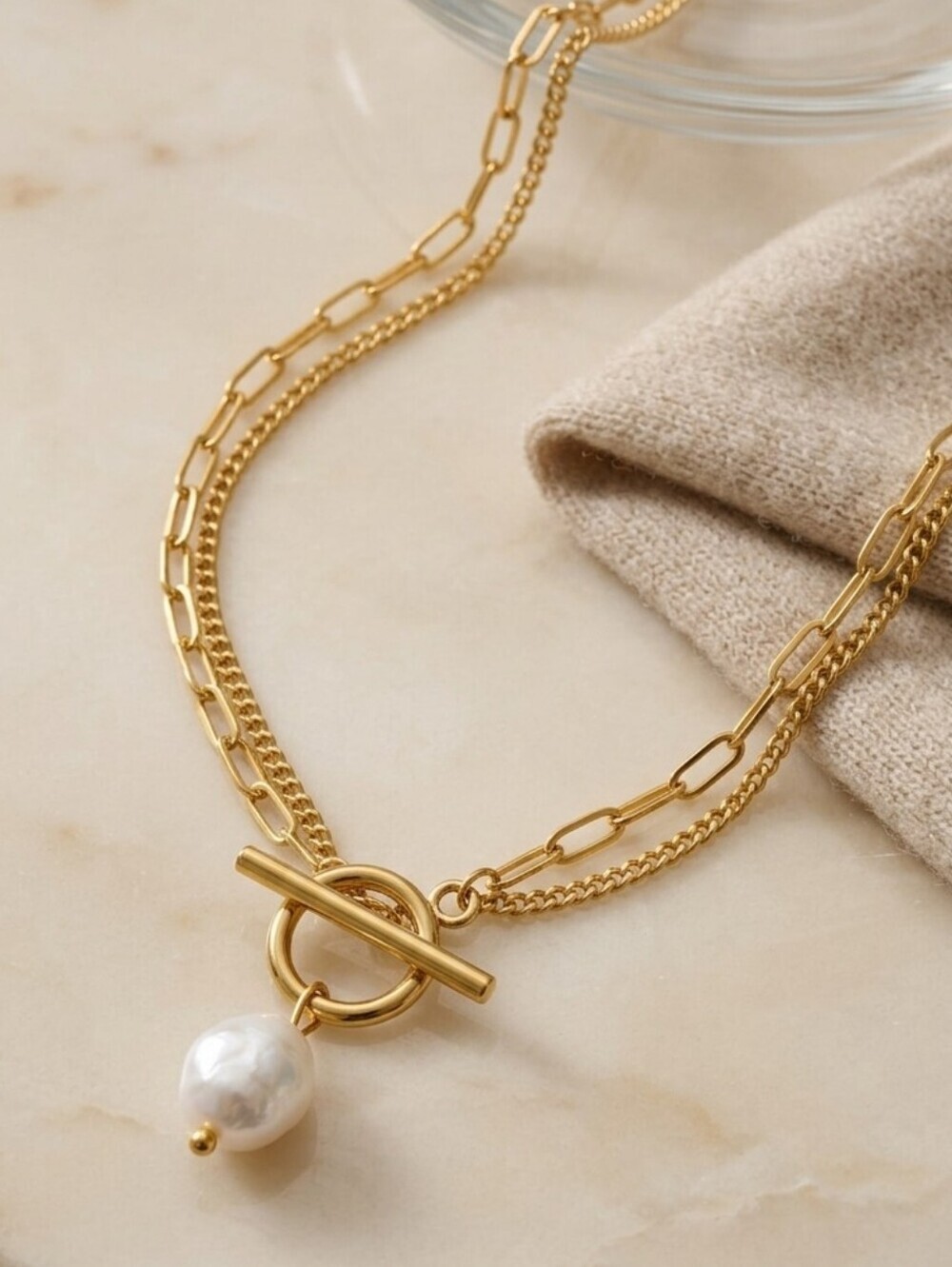 18K Gold Plated Freshwater Baroque Pearl Toggle Necklace Coquette Bridal 16"